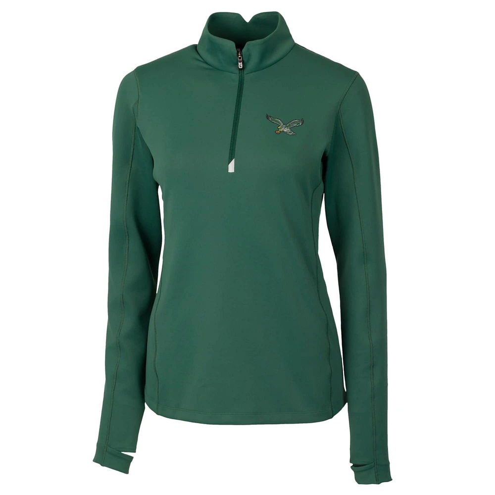 Women's Cutter & Buck Green Philadelphia Eagles Throwback Logo Traverse Stretch Quarter-Zip Pullover Top