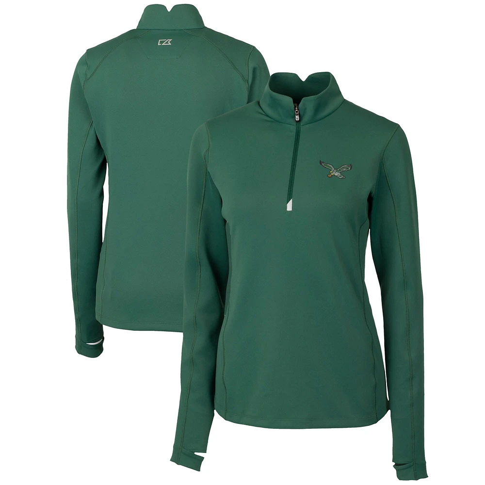 Women's Cutter & Buck Green Philadelphia Eagles Throwback Logo Traverse Stretch Quarter-Zip Pullover Top