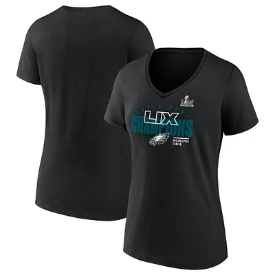 T-shirt à col en V emblématique des Philadelphia Eagles du Super Bowl LIX pour femmes Fanatics Black