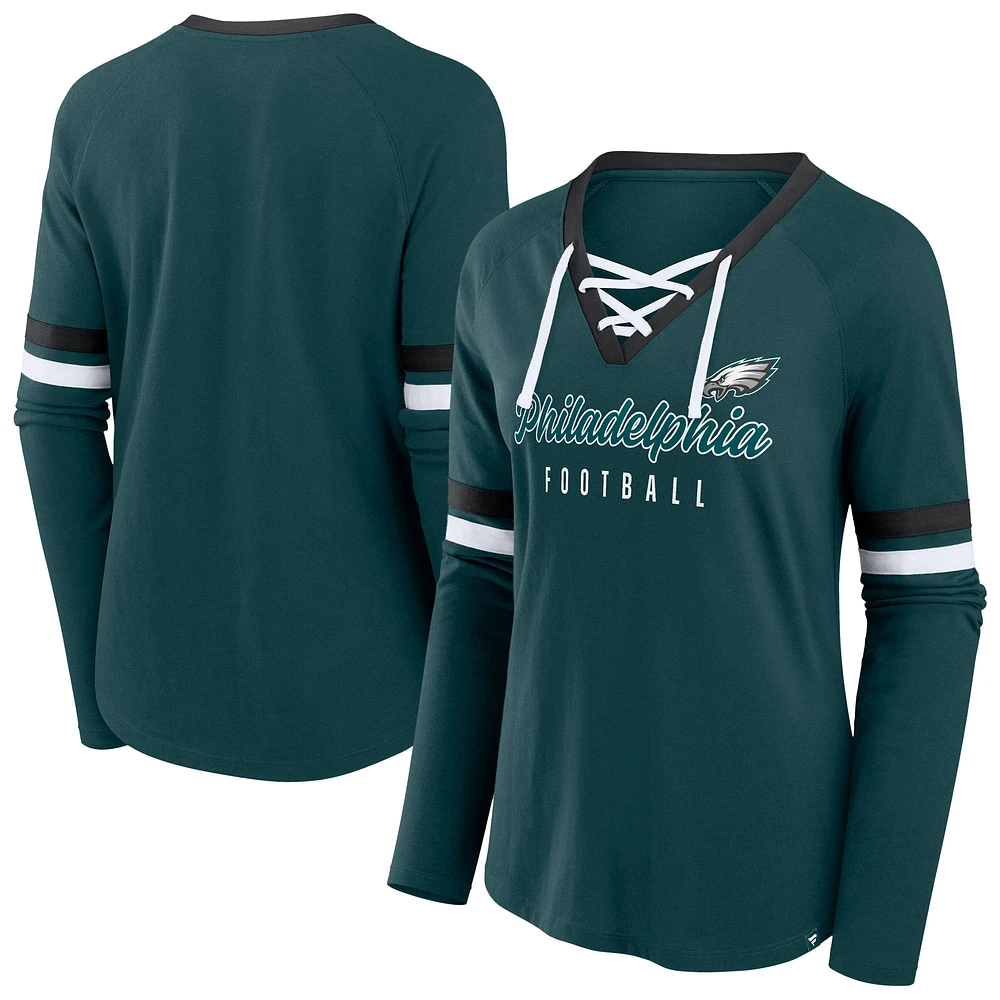 Women's Fanatics Green Philadelphia Eagles Plus Won & Done Lace-Up V-Neck Long Sleeve T-Shirt