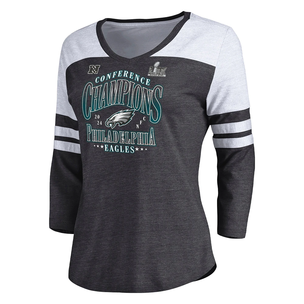 Women's Fanatics Heather Charcoal Philadelphia Eagles 2024 NFC Champions Tri-Blend 3/4 Sleeve V-Neck T-Shirt