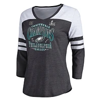 Women's Fanatics Heather Charcoal Philadelphia Eagles 2024 NFC Champions Tri-Blend 3/4 Sleeve V-Neck T-Shirt