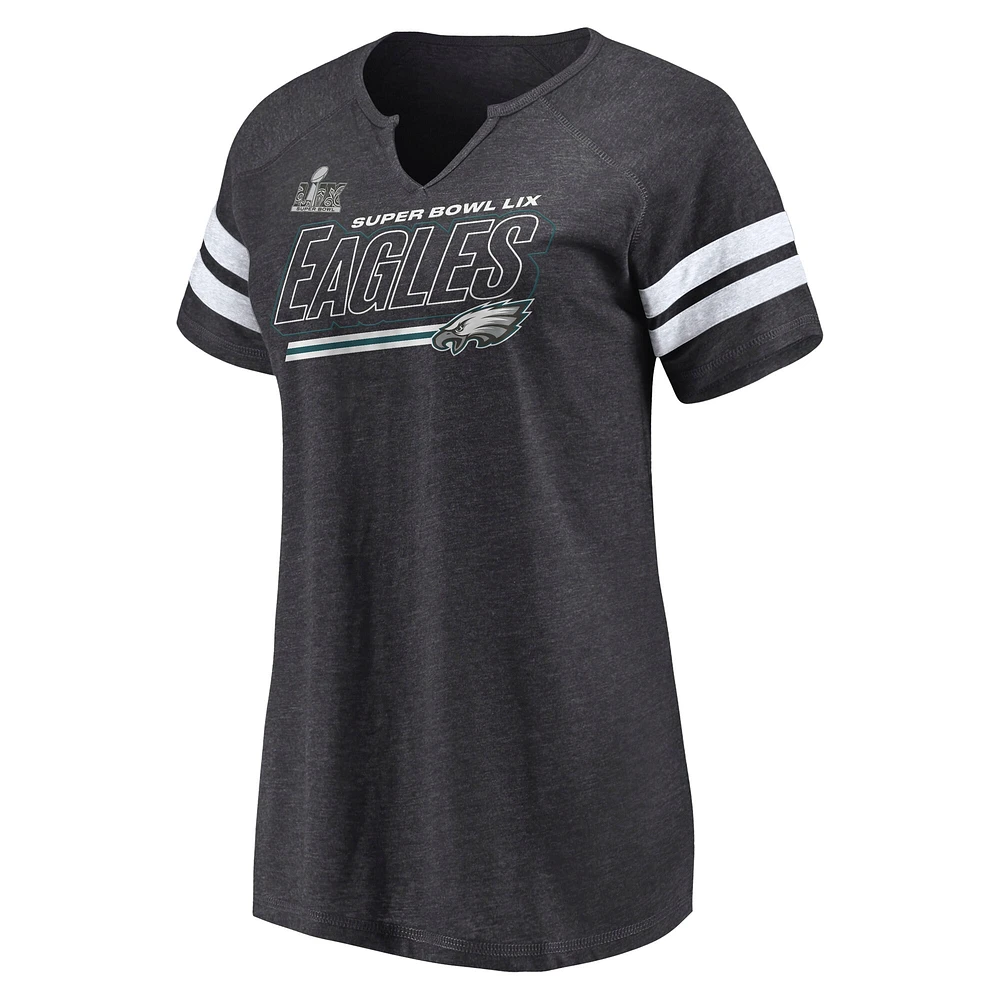 Women's Fanatics Heather Charcoal Philadelphia Eagles Super Bowl LIX Cheer Section Tri-Blend Notch Neck T-Shirt