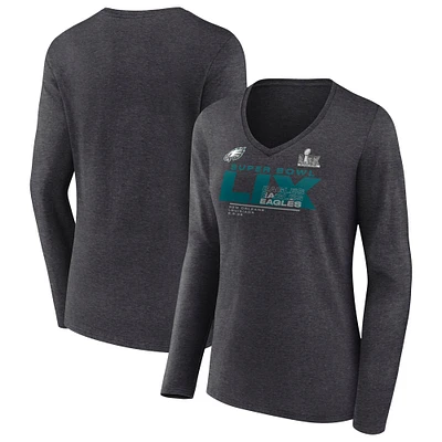 Women's Fanatics Heather Charcoal Philadelphia Eagles Super Bowl LIX Quick Pass Long Sleeve V-Neck T-Shirt