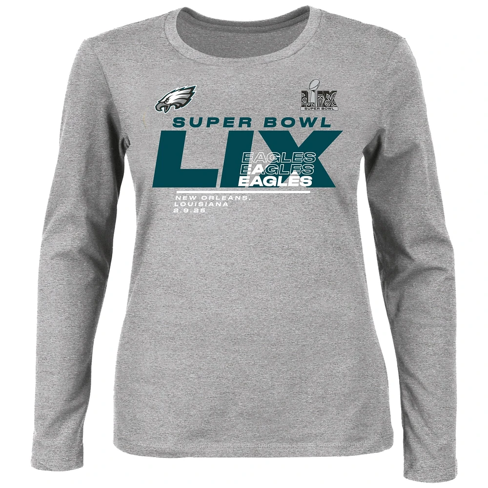 Women's Fanatics Heather Gray Philadelphia Eagles Super Bowl LIX Plus Quick Pass Long Sleeve Scoop Neck T-Shirt