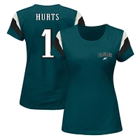 T-shirt fanatiques pour femmes Jalen Hurts vert Philadelphia Eagles avec nom et numéro à rayures sur les manches grande taille