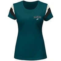 T-shirt fanatiques pour femmes Jalen Hurts vert Philadelphia Eagles avec nom et numéro à rayures sur les manches grande taille