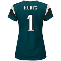 T-shirt fanatiques pour femmes Jalen Hurts vert Philadelphia Eagles avec nom et numéro à rayures sur les manches grande taille