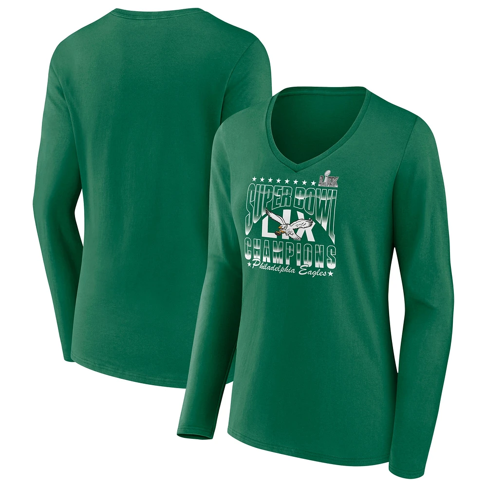 T-shirt à manches longues et col en V avec logo rétro des Philadelphia Eagles du Super Bowl LIX pour femmes Fanatics Kelly Green