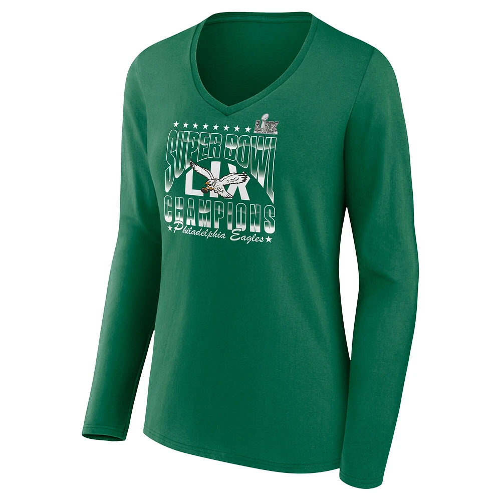 T-shirt à manches longues et col en V avec logo rétro des Philadelphia Eagles du Super Bowl LIX pour femmes Fanatics Kelly Green