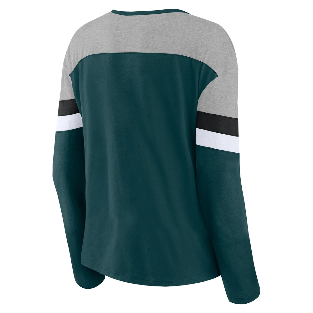 T-shirt à manches longues et col en V Fanatics pour femmes vert nuit/gris chiné des Philadelphia Eagles Chevron