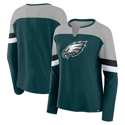 T-shirt à manches longues et col en V Fanatics pour femmes vert nuit/gris chiné des Philadelphia Eagles Chevron