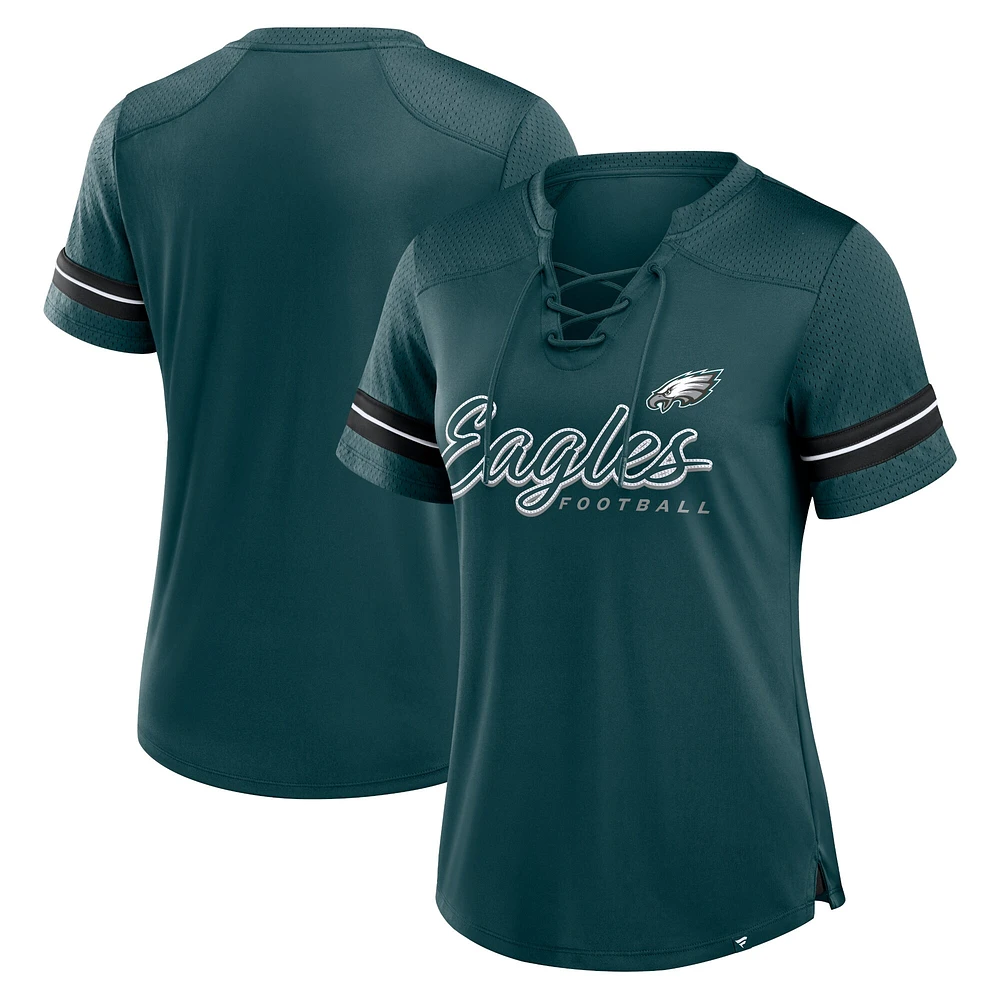 T-shirt à lacets pour femme Fanatics Midnight Green Philadelphia Eagles Play Script