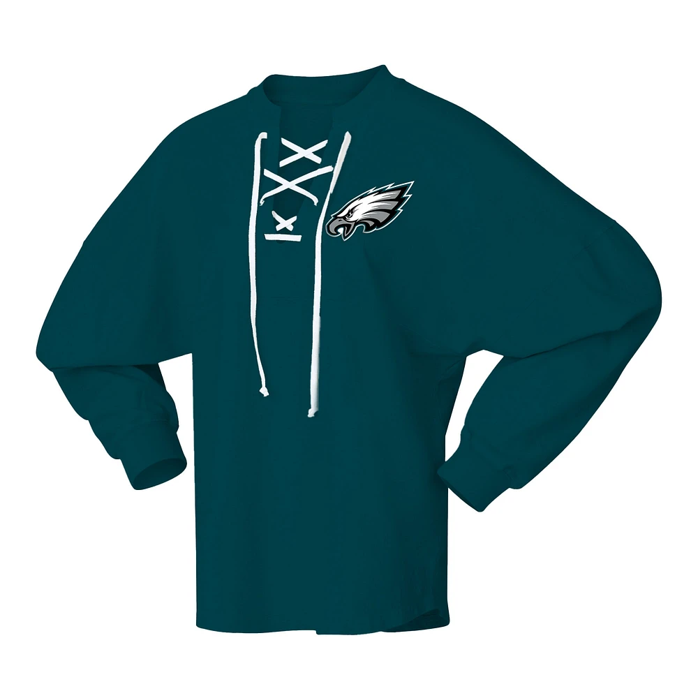 Women's Fanatics  Midnight Green Philadelphia Eagles Super Bowl LIX Champions Lace-Up Spirit Jersey Long Sleeve T-Shirt