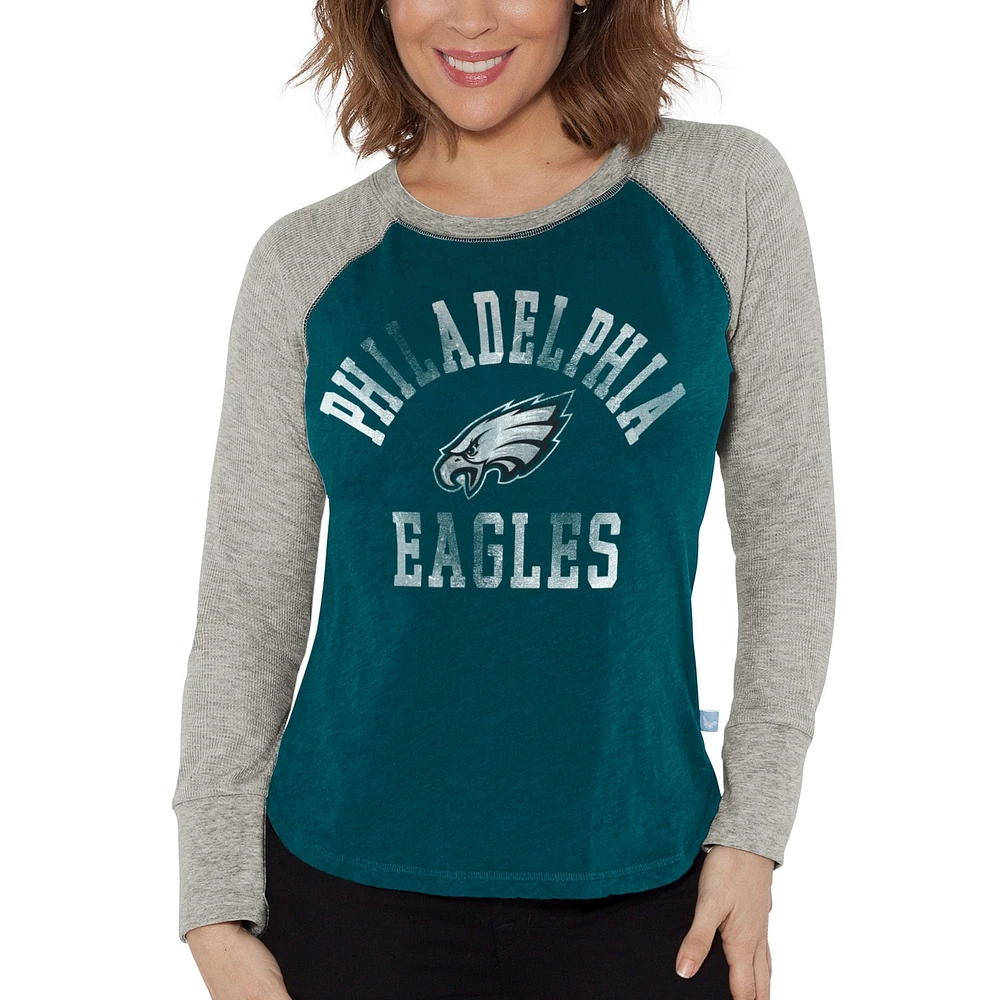 T-shirt à manches longues raglan en tricot gaufré G-III 4Her par Carl Banks pour femmes, vert nuit/gris chiné, Philadelphia Eagles