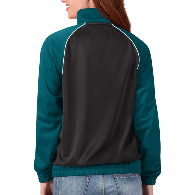 G-III 4Her par Carl Banks pour femmes, vert minuit, Philadelphia Eagles Backfield Raglan - Veste de survêtement entièrement zippée