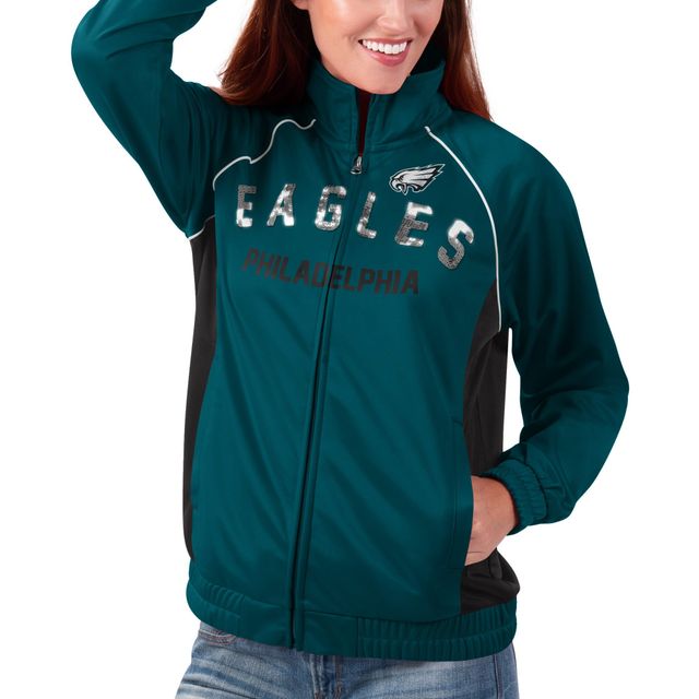 G-III 4Her par Carl Banks pour femmes, vert minuit, Philadelphia Eagles Backfield Raglan - Veste de survêtement entièrement zippée