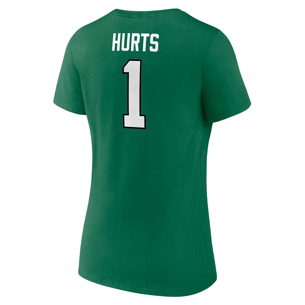 T-shirt à col en V pour femme avec nom et numéro de joueur des Philadelphia Eagles, Jalen Hurts Kelly Green