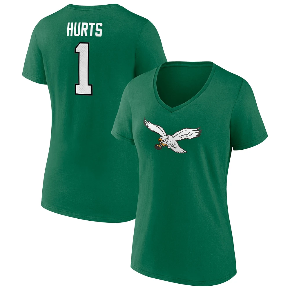 T-shirt à col en V pour femme avec nom et numéro de joueur des Philadelphia Eagles, Jalen Hurts Kelly Green