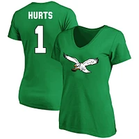 T-shirt à col rond avec nom et numéro Fair Catch pour femme Jalen Hurts Kelly Green Philadelphia Eagles grande taille