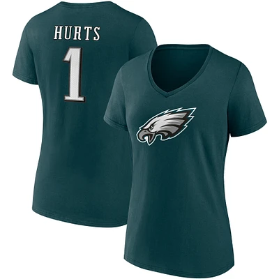 T-shirt à col en V pour femme avec nom et numéro de joueur des Philadelphia Eagles, vert nuit, Jalen Hurts