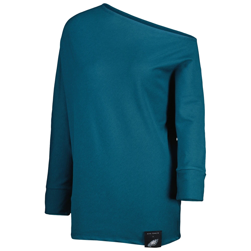 Sweat KIYA TOMLIN Midnight Green Philadelphia Eagles Twisted Tri-Blend Asymetrical 3/4-Dolman Sleeve Sweatshirt pour femme