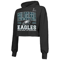 Women's Majestic Threads  Black Philadelphia Eagles Super Bowl LIX Champions Fair Catch Tri-Blend Cropped Pullover Hoodie