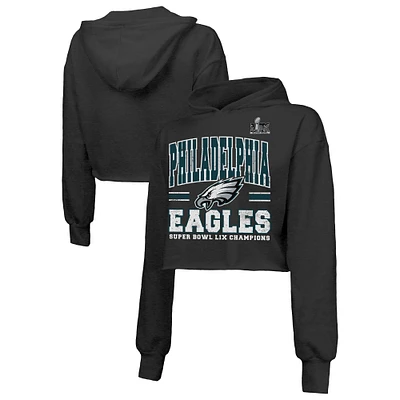 Women's Majestic Threads  Black Philadelphia Eagles Super Bowl LIX Champions Fair Catch Tri-Blend Cropped Pullover Hoodie