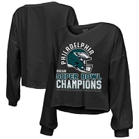 T-shirt à manches longues et col en V pour femme Majestic Threads Black Philadelphia Eagles Super Bowl LIX Champions Hard Count