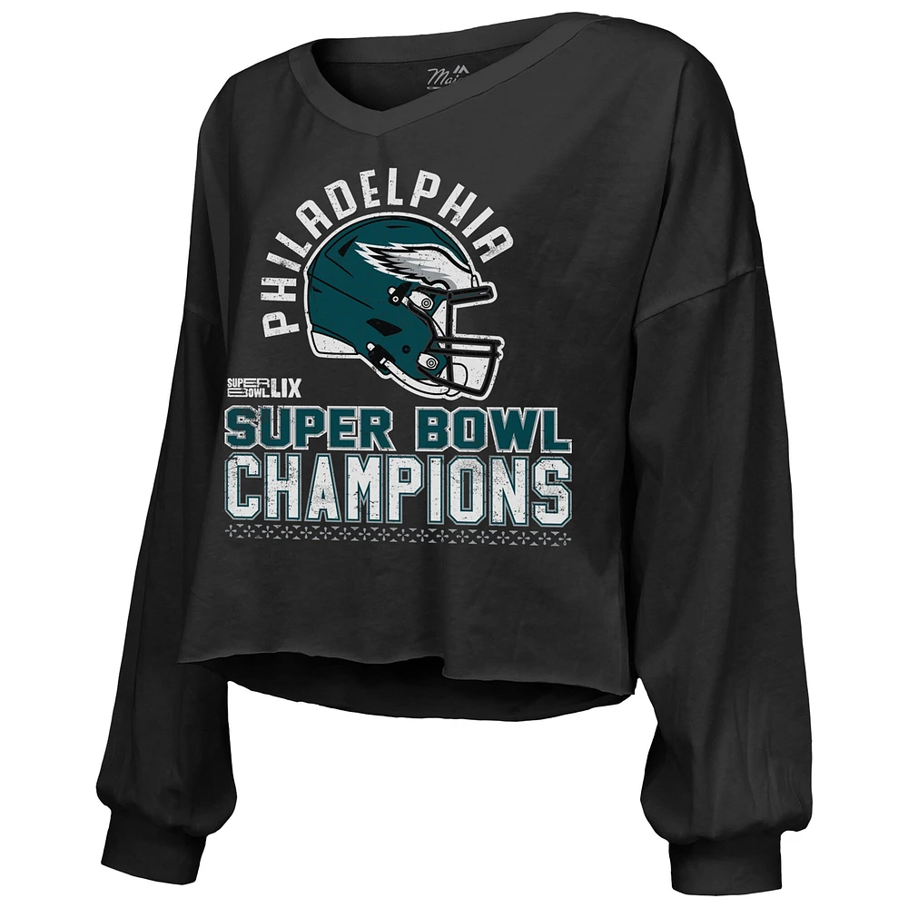 T-shirt à manches longues et col en V pour femme Majestic Threads Black Philadelphia Eagles Super Bowl LIX Champions Hard Count