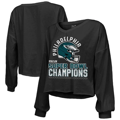 T-shirt à manches longues et col en V pour femme Majestic Threads Black Philadelphia Eagles Super Bowl LIX Champions Hard Count