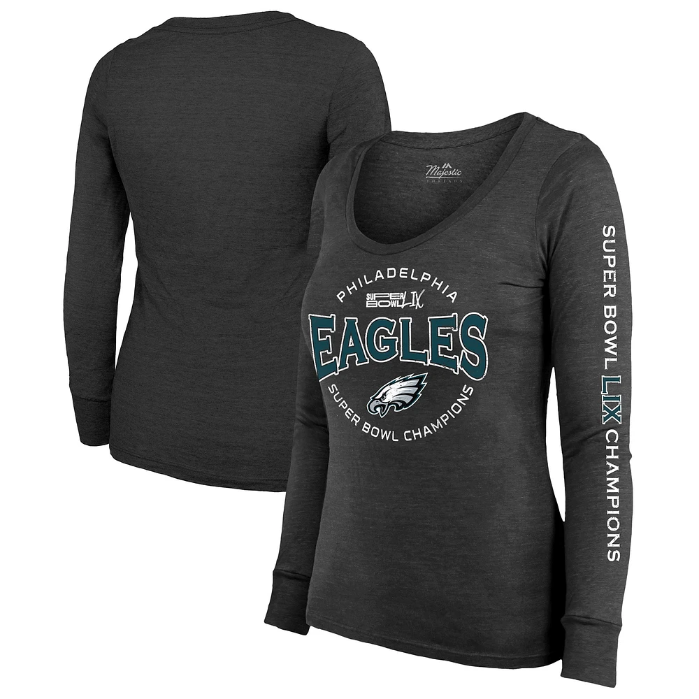 Women's Majestic Threads  Black Philadelphia Eagles Super Bowl LIX Champions Highlight Tri-Blend Scoop Neck Long Sleeve T-Shirt