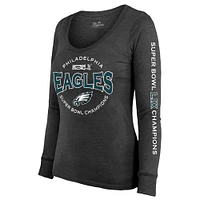 Women's Majestic Threads  Black Philadelphia Eagles Super Bowl LIX Champions Highlight Tri-Blend Scoop Neck Long Sleeve T-Shirt