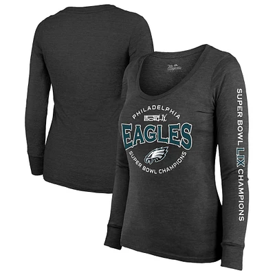 Women's Majestic Threads  Black Philadelphia Eagles Super Bowl LIX Champions Highlight Tri-Blend Scoop Neck Long Sleeve T-Shirt