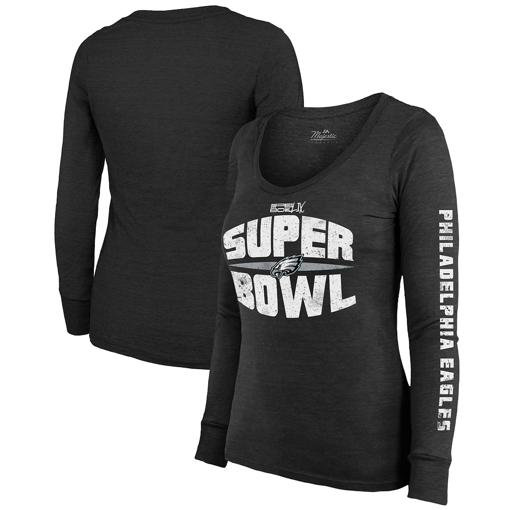 Women's Majestic Threads Black Philadelphia Eagles Super Bowl LIX Franklin Tri-Blend Long Sleeve Scoop Neck T-Shirt