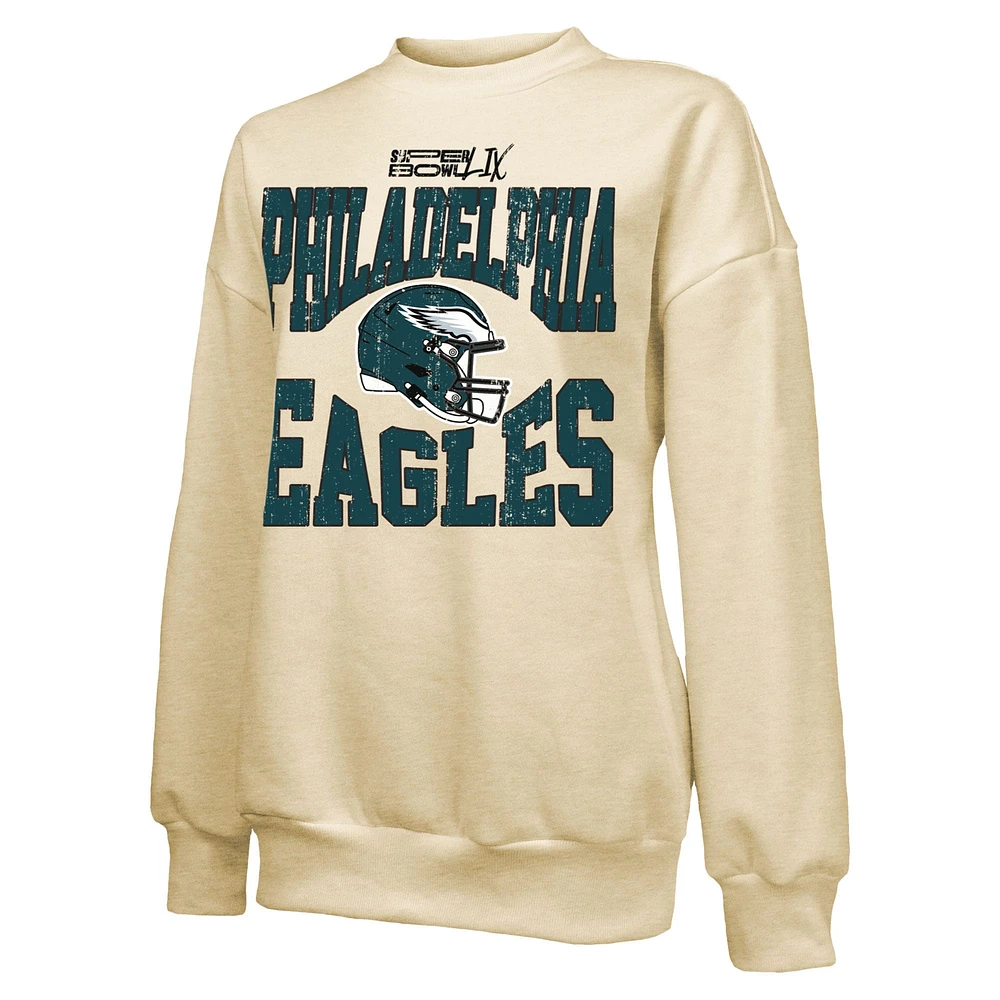 Women's Majestic Threads Cream Philadelphia Eagles Super Bowl LIX Fadeaway Helmet Oversized Tri-Blend Pullover Sweatshirt