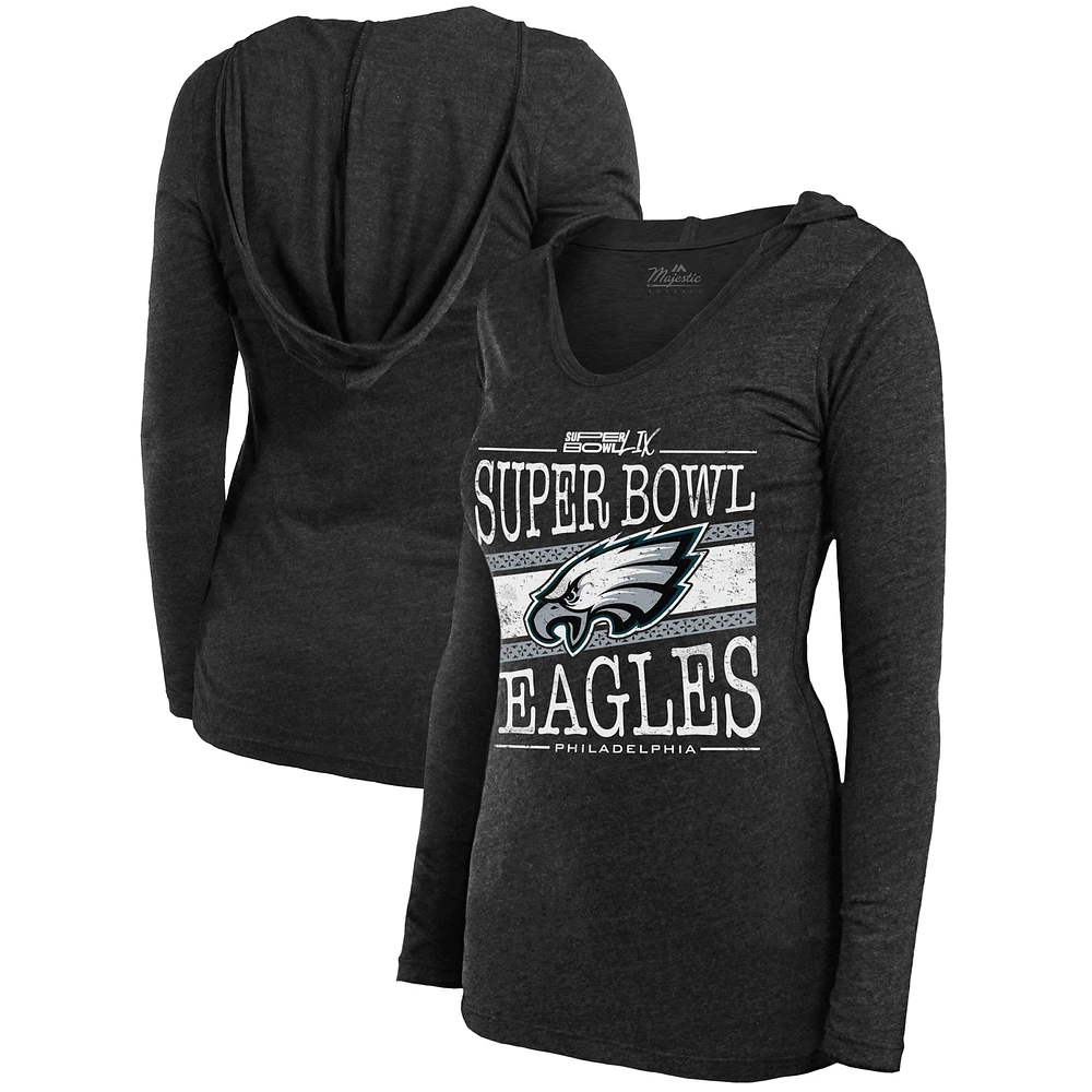 Women's Majestic Threads Heather Charcoal Philadelphia Eagles Super Bowl LIX Dapper Tri-Blend V-Neck Long Sleeve Hoodie T-Shirt