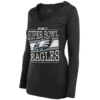 Women's Majestic Threads Heather Charcoal Philadelphia Eagles Super Bowl LIX Dapper Tri-Blend V-Neck Long Sleeve Hoodie T-Shirt