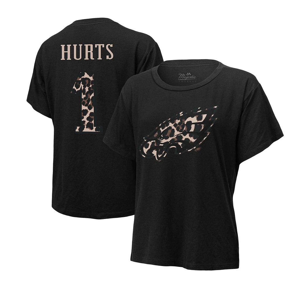 T-shirt Majestic Threads pour femme avec nom et numéro de joueur Jalen Hurts Black Philadelphia Eagles Leopard