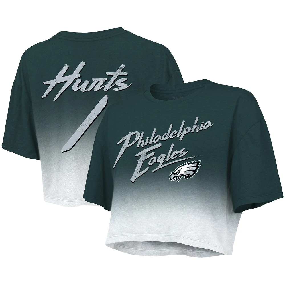 Haut court Majestic Threads vert/blanc avec nom et numéro de joueur des Philadelphia Eagles Dip-Dye pour femme Jalen Hurts