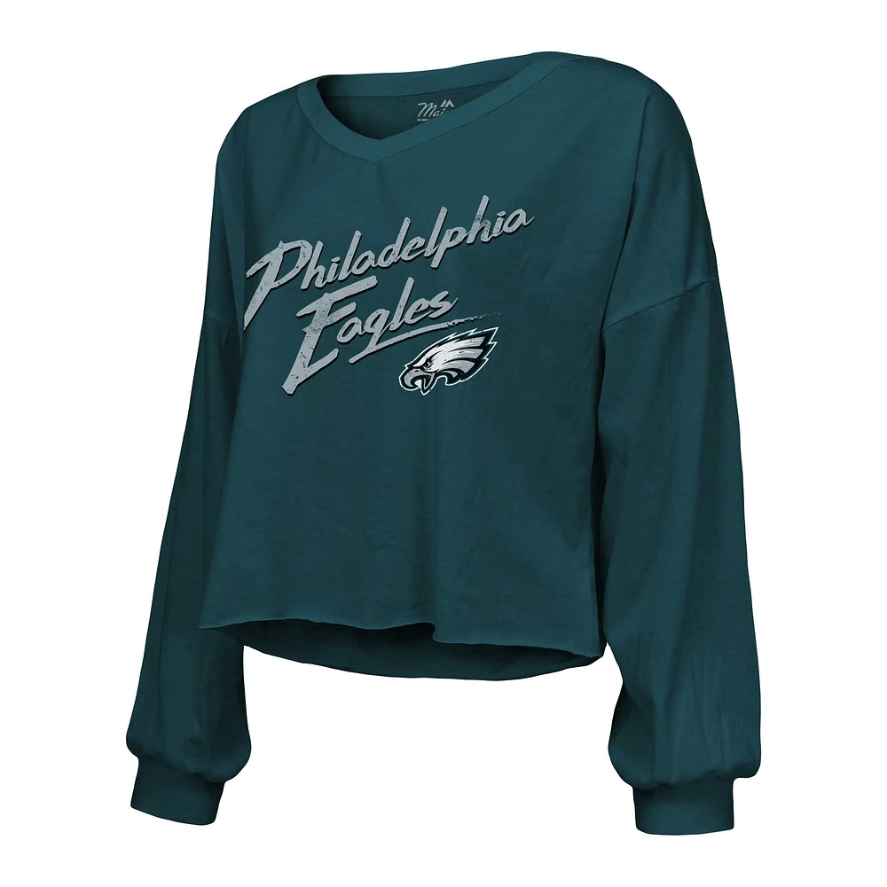 Women's Majestic Threads Jalen Hurts Green Philadelphia Eagles Name & Number Off-Shoulder Script Cropped Long Sleeve V-Neck T-Shirt