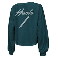 Women's Majestic Threads Jalen Hurts Green Philadelphia Eagles Name & Number Off-Shoulder Script Cropped Long Sleeve V-Neck T-Shirt