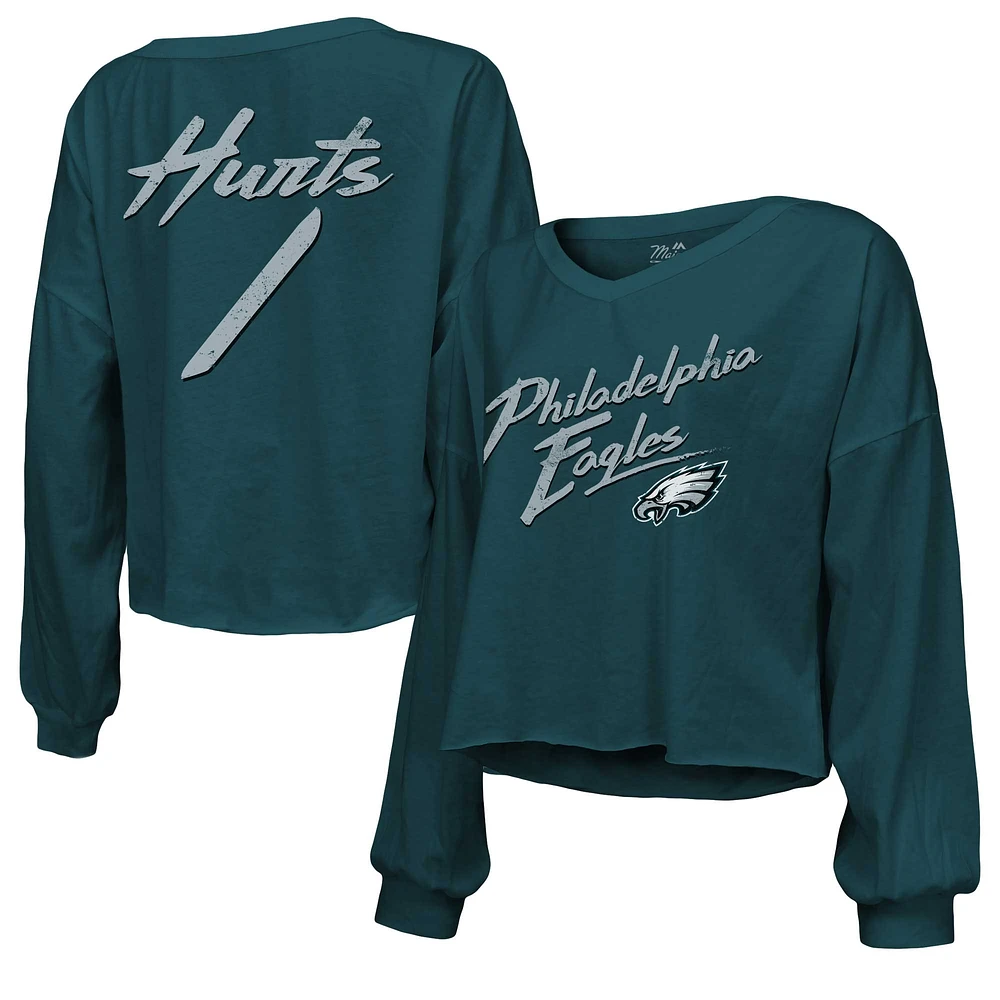 Women's Majestic Threads Jalen Hurts Green Philadelphia Eagles Name & Number Off-Shoulder Script Cropped Long Sleeve V-Neck T-Shirt