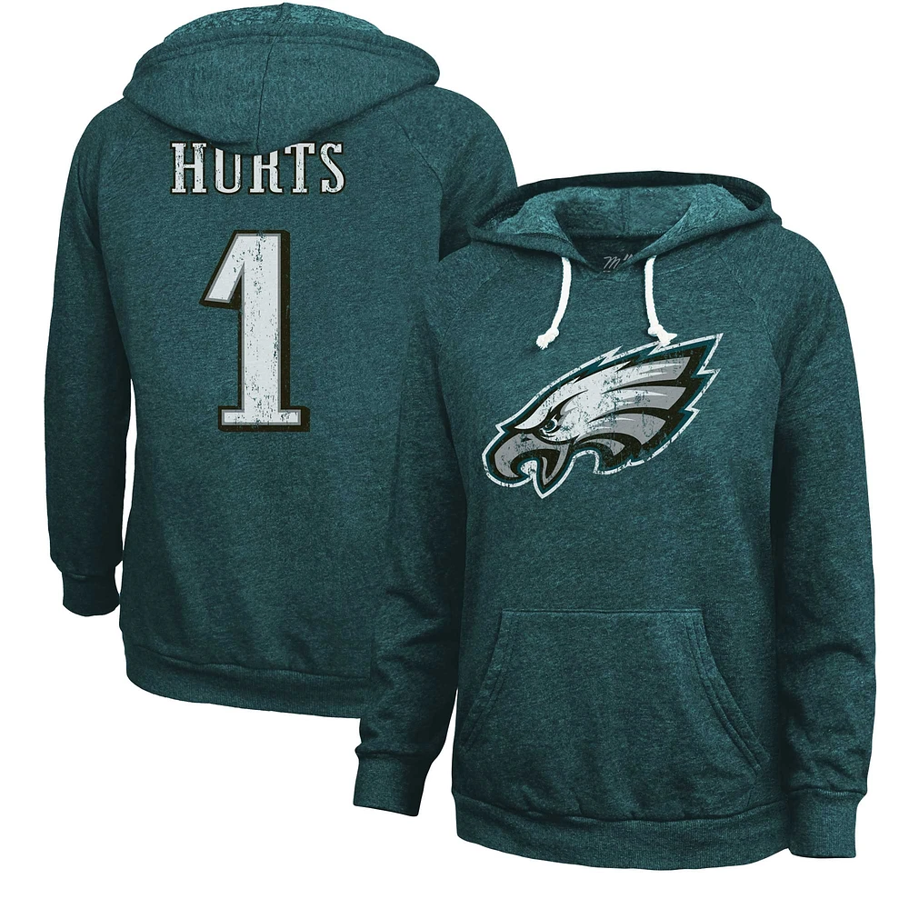 Majestic Threads Jalen Hurts Midnight Green Philadelphia Eagles Nom et numéro pour femmes - Sweat à capuche tri-mélange