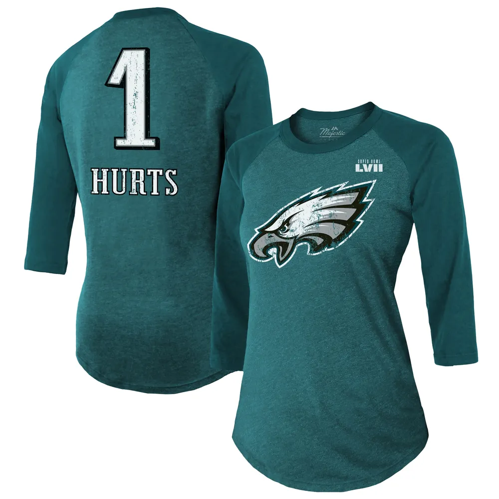 Majestic Threads Women's Majestic Threads Jalen Hurts Midnight Green  Philadelphia Eagles Super Bowl LVII Name & Number Raglan 3/4 Sleeve T-Shirt