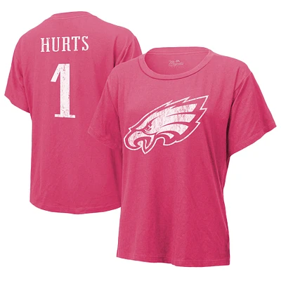 T-shirt Majestic Threads Jalen Hurts rose avec nom et numéro des Eagles de Philadelphie pour femmes