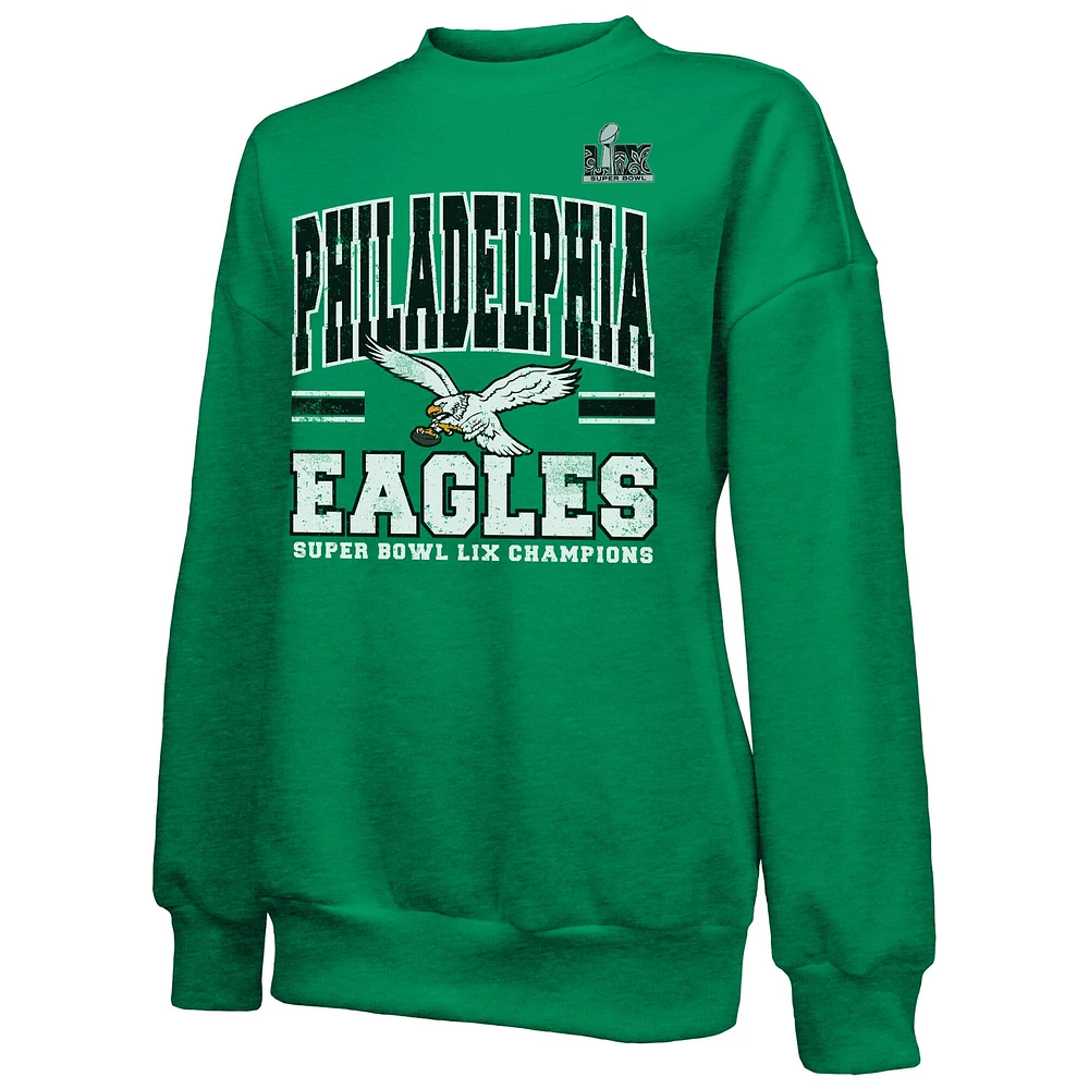 Women's Majestic Threads  Kelly Green Philadelphia Eagles Super Bowl LIX Champions Big Chalk Stripe Retro Tri-Blend Fleece Sweatshirt