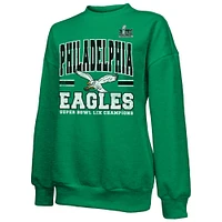 Women's Majestic Threads  Kelly Green Philadelphia Eagles Super Bowl LIX Champions Big Chalk Stripe Retro Tri-Blend Fleece Sweatshirt