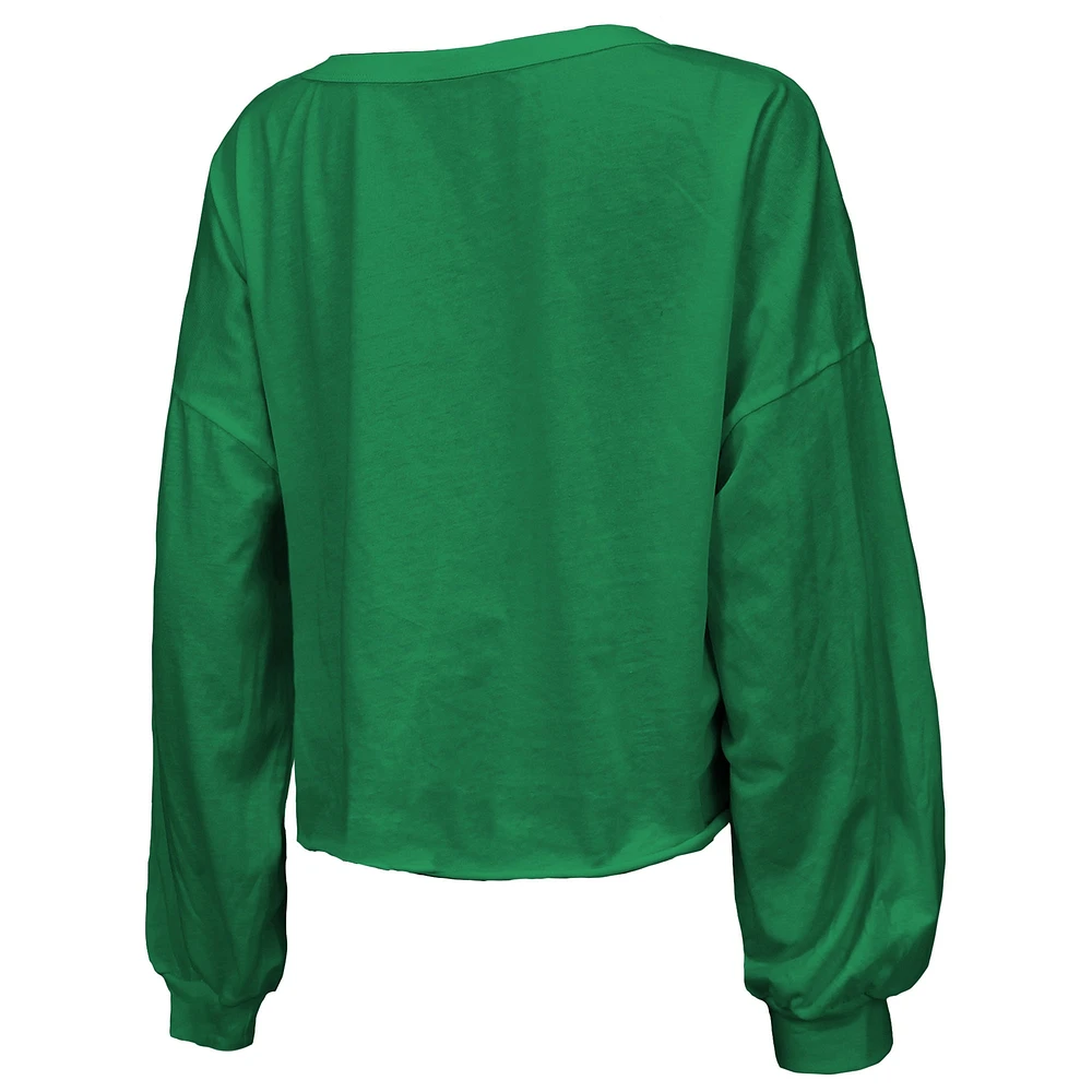 T-shirt à manches longues et col en V épaules dénudées pour femme Majestic Threads Kelly Green Philadelphia Eagles Super Bowl LIX Champions Hard Count Retro