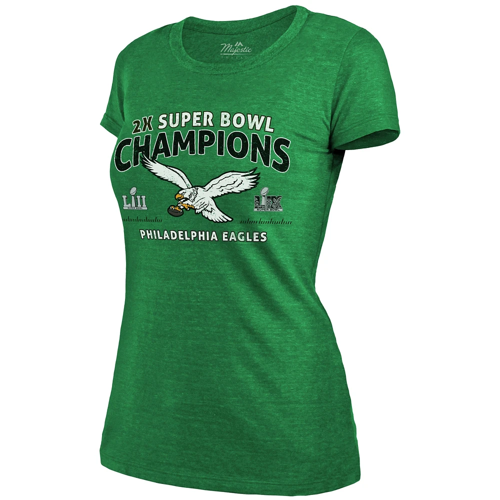Women's Majestic Threads  Kelly Green Philadelphia Eagles Two-Time Super Bowl Champions Sky High Retro Tri-Blend T-Shirt